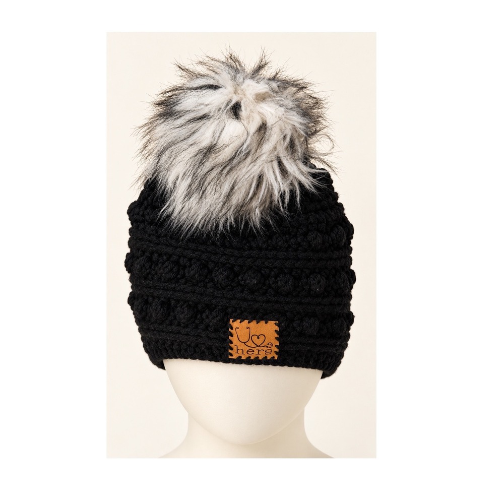 U Hero Beanie Knit Faux Fur Pom OS Black Excellent Nurse Core